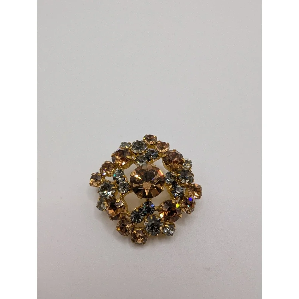 Vintage Made in Austria Rhinestone Brooch Champagne Smoky Gray Gold Tone Pin